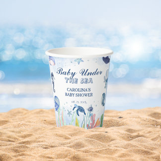 Gobelets En Papier Aquarelle bleue sous le baby shower de mer