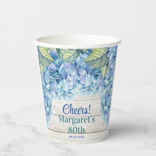 Gobelets En Papier Aquarelle Blue Hydrangea 80e anniversaire (Recto)
