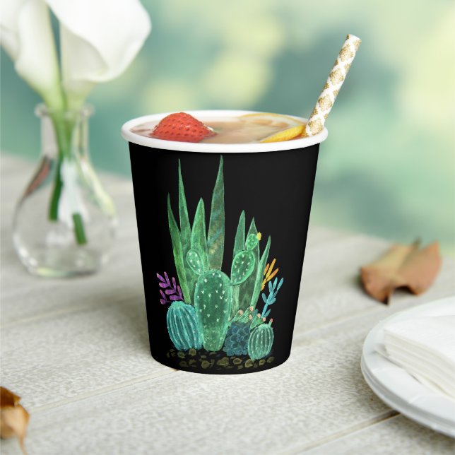 Gobelets En Papier Aquarelle, cactus, fleurs grand horloge (Insitu)