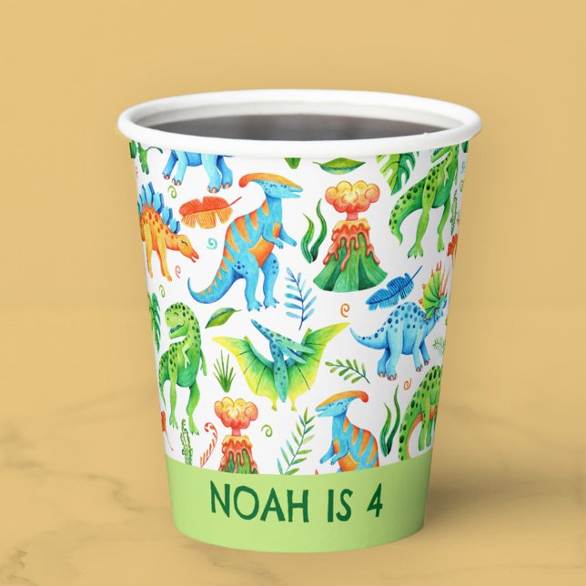 Gobelets En Papier Aquarelle Dinosaure Anniversaire T rex, Stegosauru (Watercolor Dinosaurs Green, Orange, Blue Paper Cups)