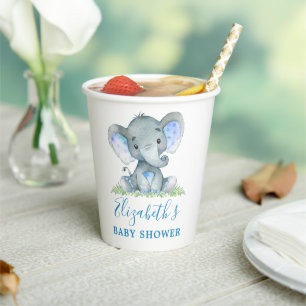Gobelets En Papier Aquarelle Elephant Baby shower bleu