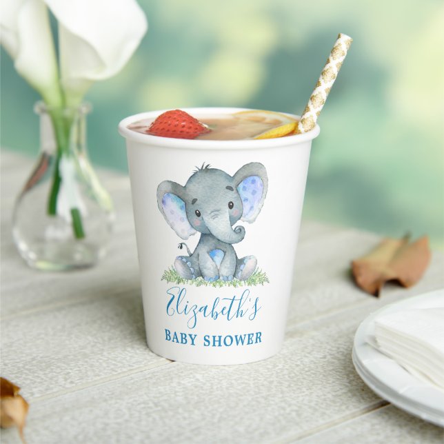 Gobelets En Papier Aquarelle Elephant Baby shower bleu (Insitu)