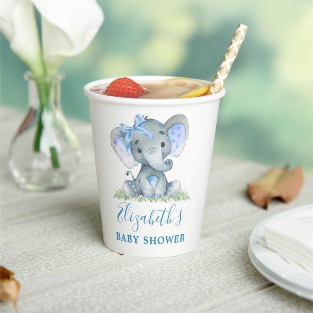 Gobelets En Papier Aquarelle Elephant Baby shower bleu Bow (Insitu)