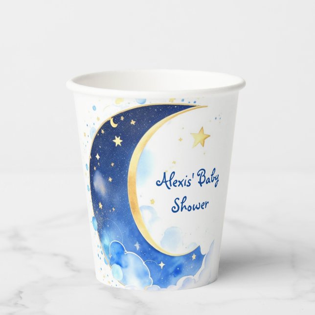 Gobelets En Papier Aquarelle Lune céleste et Baby shower des étoiles (Recto)