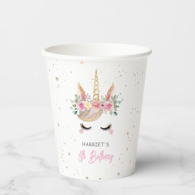 Gobelets En Papier Aquarelle Magique Unicorn Visage Anniversaire (Recto)