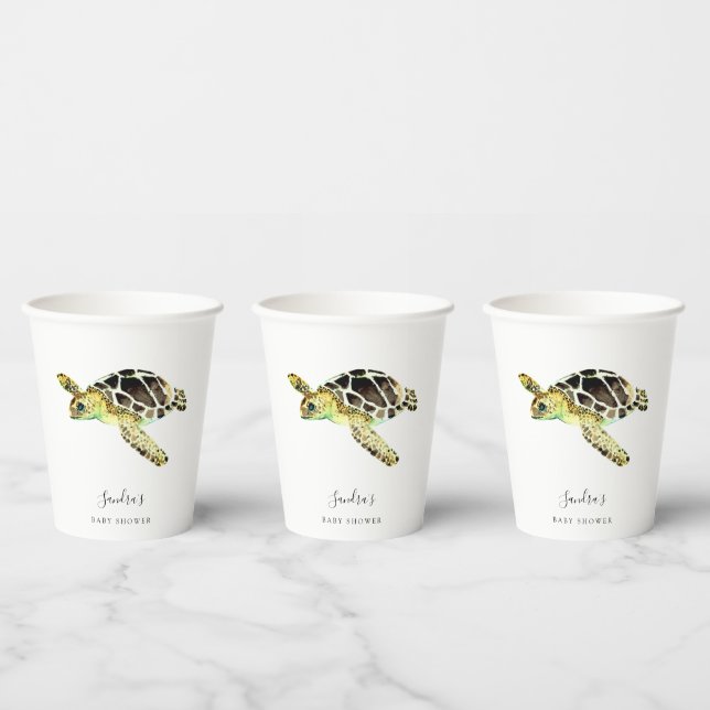 Gobelets En Papier Aquarelle minimale du Baby shower de tortue de mer (Multi)