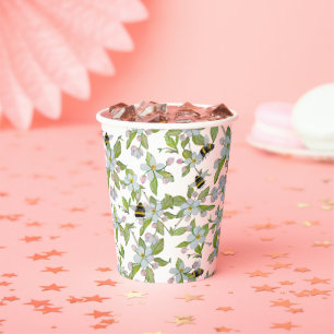 Gobelets En Papier Aquarelle motif jardin fleurit et bourdons