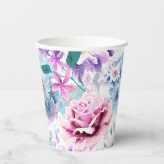 Gobelets En Papier Aquarelle rose, fleurs bleues.