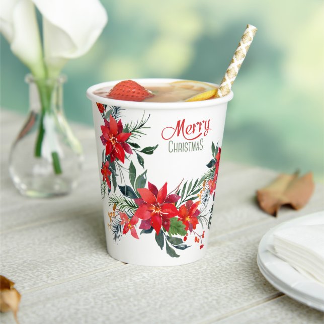 Gobelets En Papier Aquarelle Rouge Poinsettia Bouquet Noël  (Insitu)