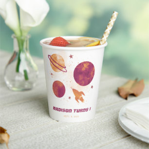 Gobelets En Papier Aquarelle spatiale Planète fille 1er anniversaire