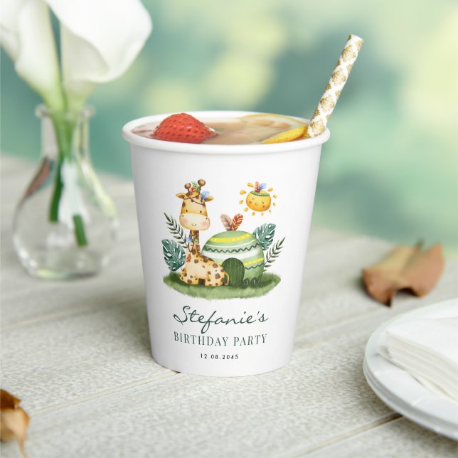 Gobelets En Papier Aquarelle Tribal Giraffe Safari Thème Anniversaire (Insitu)