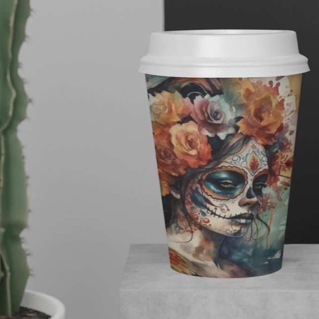 Gobelets En Papier Aquarelle vive Dia de los Muertos Catrina (Créateur téléchargé)