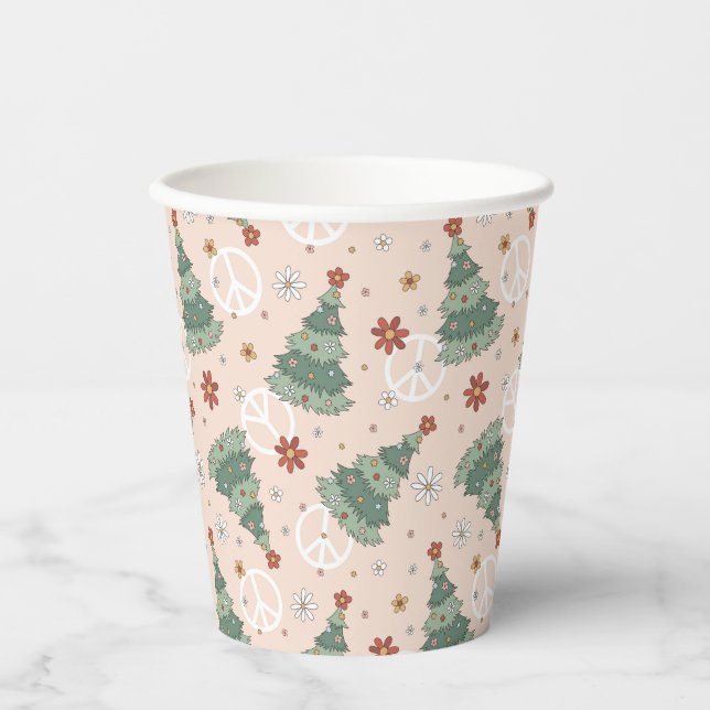 Gobelets En Papier Arbres de Noël et signes de paix Motif (Recto)