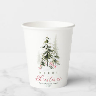 Gobelets En Papier Arbres de pin aquarelle rustique Noël personnalisé