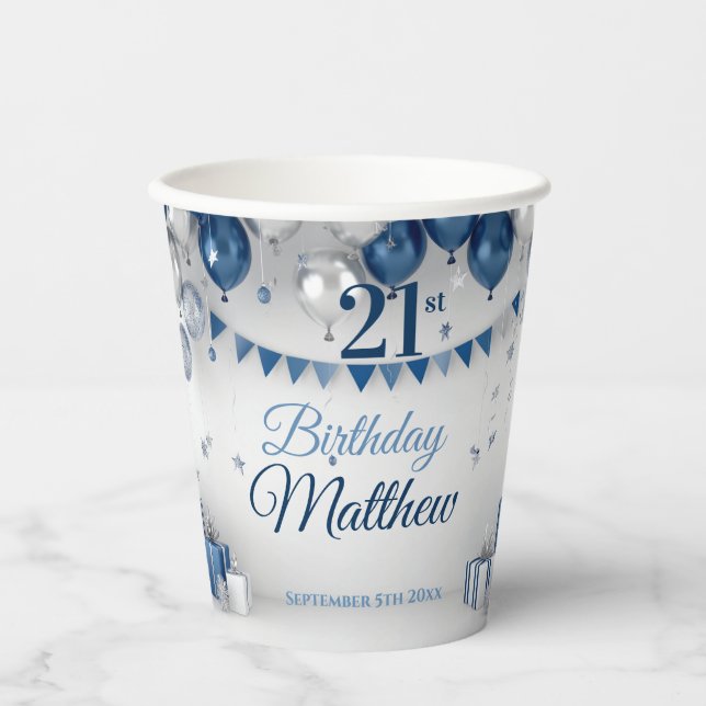 Gobelets En Papier Argent bleu 21e anniversaire (Recto)