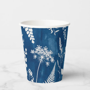 Gobelets En Papier Art botanique de fougère au cyanotype bleu indigo