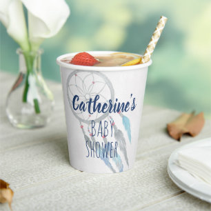Gobelets En Papier Attrape-rêves Bleu Gris Bohème Baby Shower