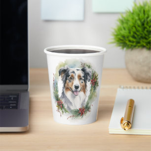 Gobelets En Papier Australian Shepherd Christmas Wreath Festive Pup