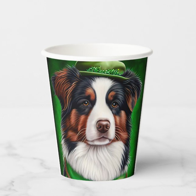 Gobelets En Papier Australian Shepherd dog en tenue de St. Patrick's  (Recto)