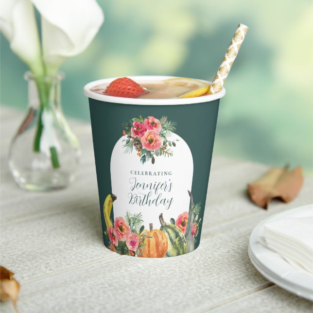 Gobelets En Papier Autumn Pumpkins Pink Floral Birthday Party (Insitu)