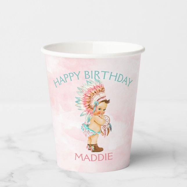 Gobelets En Papier Baby Girl Native Boho Feathers Blush Pink Aqua (Gauche)