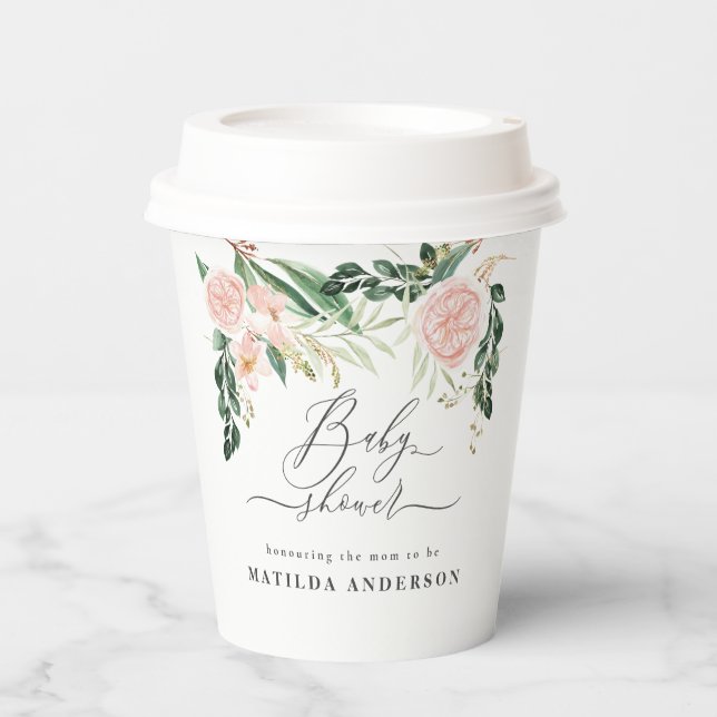 Gobelets En Papier Baby shower à fleurs de pêche rose (Recto)