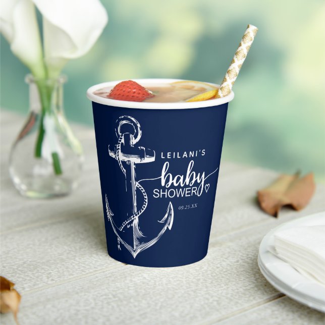 Gobelets En Papier Baby shower Ancre nautique Coupes de papier bleu m (Insitu)