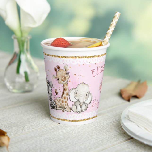 Gobelets En Papier Baby shower Animaux de Safari Rose mignonne (Insitu)