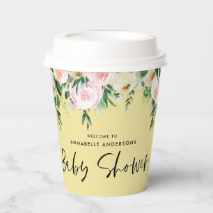 Gobelets En Papier Baby shower aquarelle citron rose floral script