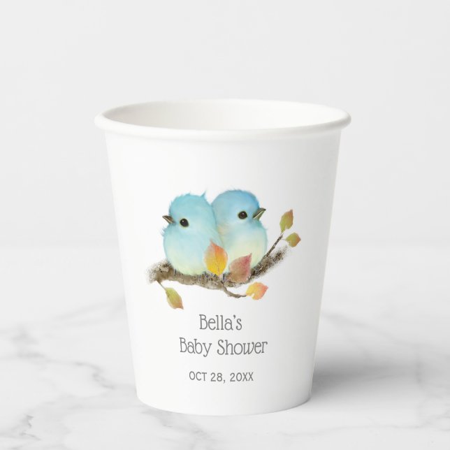 Gobelets En Papier Baby shower aux oiseaux bleus mignons (Recto)