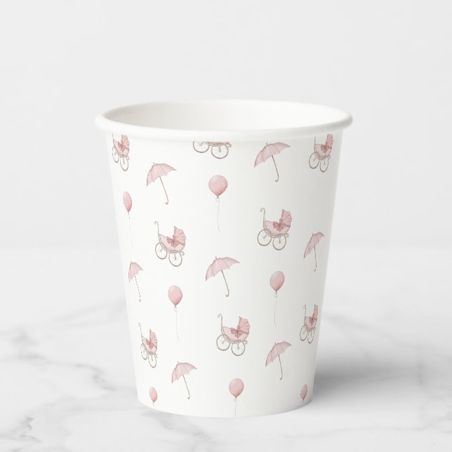 Gobelets En Papier Baby shower Bébé rose mignon Buggy (Recto)