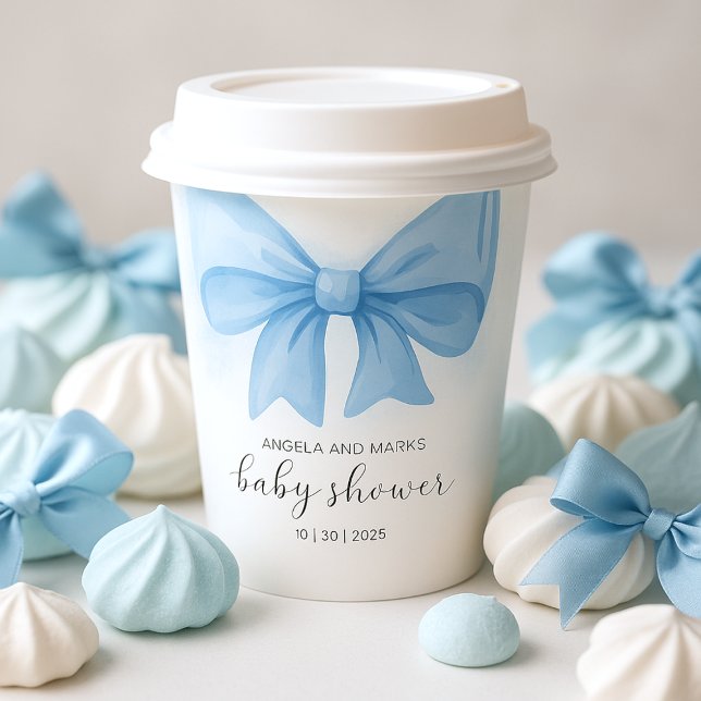 Gobelets En Papier Baby shower bleu-duvet en aquarelle (Dusty Blue Watercolor Bow Baby Shower Paper Cups)