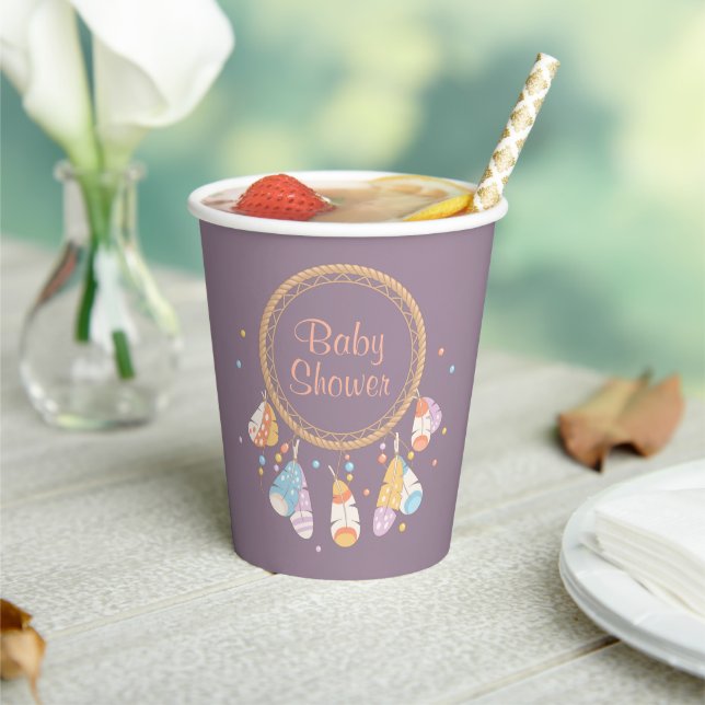 Gobelets En Papier Baby shower Boho de Dreamcatcher Tribal sur violet (Insitu)
