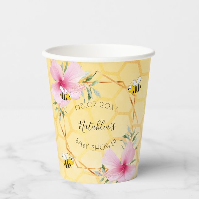 Gobelets En Papier Baby shower bourdon abeilles fleurs roses jardin (Recto)