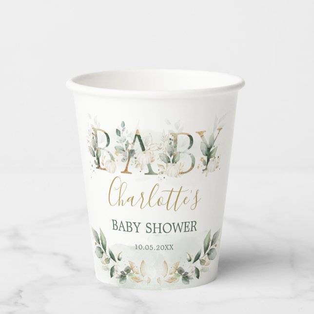 Gobelets En Papier Baby shower Citrouille doux vert or neutre (Recto)