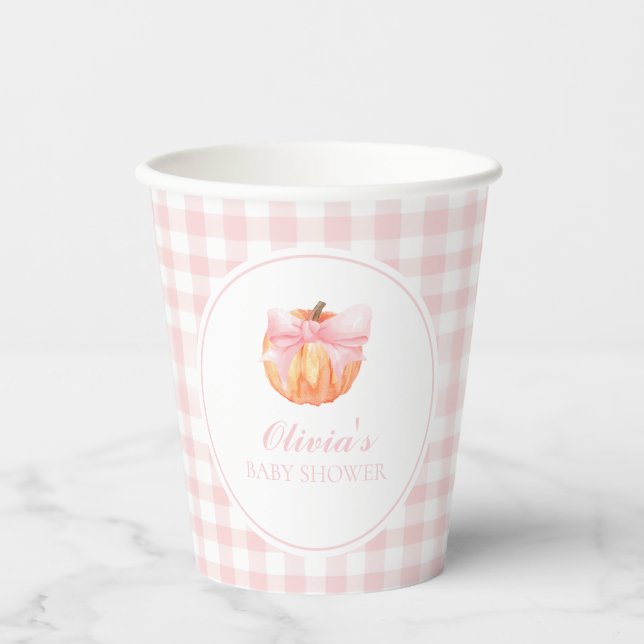 Gobelets En Papier Baby shower Citrouille rose avec un nœud et carrea (Recto)