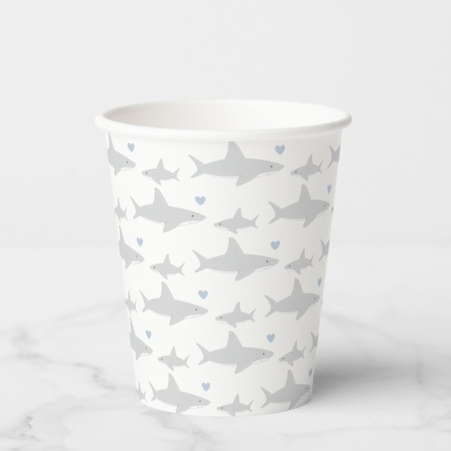 Gobelets En Papier Baby shower Coeur bleu requin (Recto)