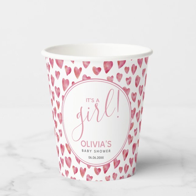 Gobelets En Papier Baby shower Coeur rose C'est une fille (Recto)