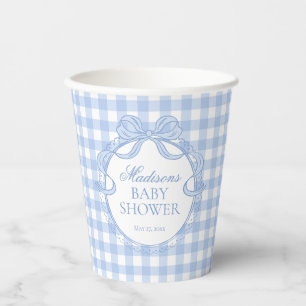 Gobelets En Papier Baby Shower Coquette Nœud Gingham Bleu