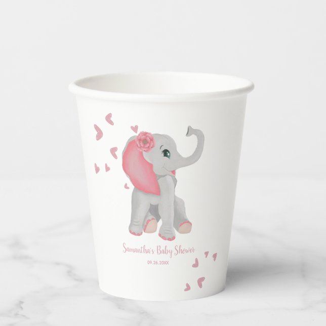 Gobelets En Papier Baby shower d'aquarelle bleu rose Eléphant (Recto)