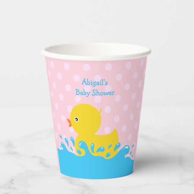 Gobelets En Papier Baby shower de canard rose et jaune personnalisé (Recto)
