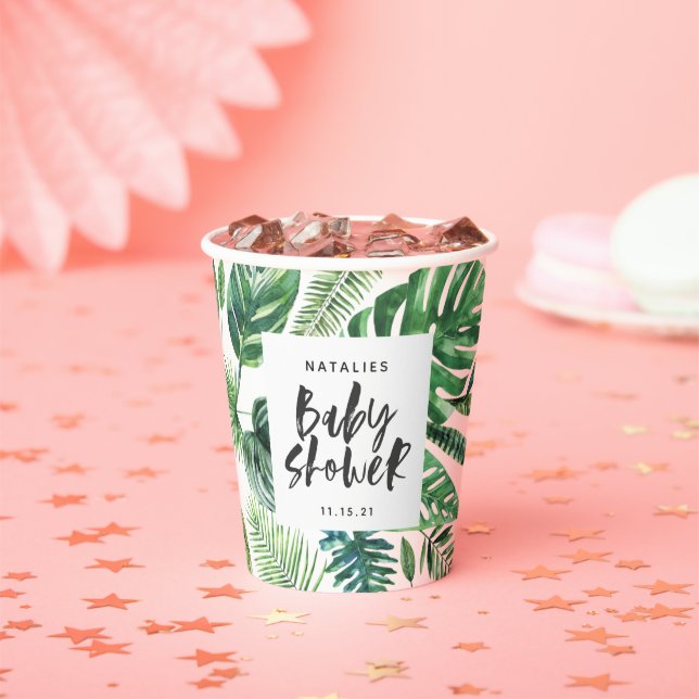 Gobelets En Papier baby shower de feuillage tropical noir et blanc (Insitu)