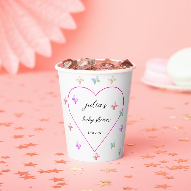 Gobelets En Papier Baby shower de fille papillon de coeur rose (Insitu)