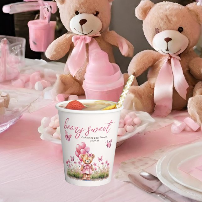 Gobelets En Papier Baby shower de fille papillon rose de l'ours en pe (Créateur téléchargé)