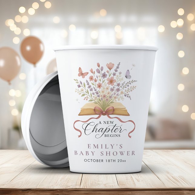 Gobelets En Papier Baby shower de Fleur sauvage de livre d'histoire (Créateur téléchargé)
