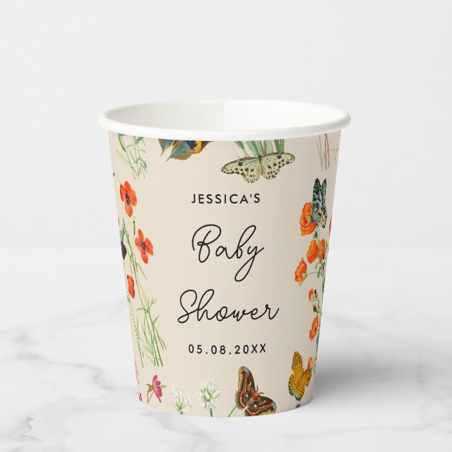 Gobelets En Papier Baby shower de papillons Fleur sauvage aquarelle (Gauche)
