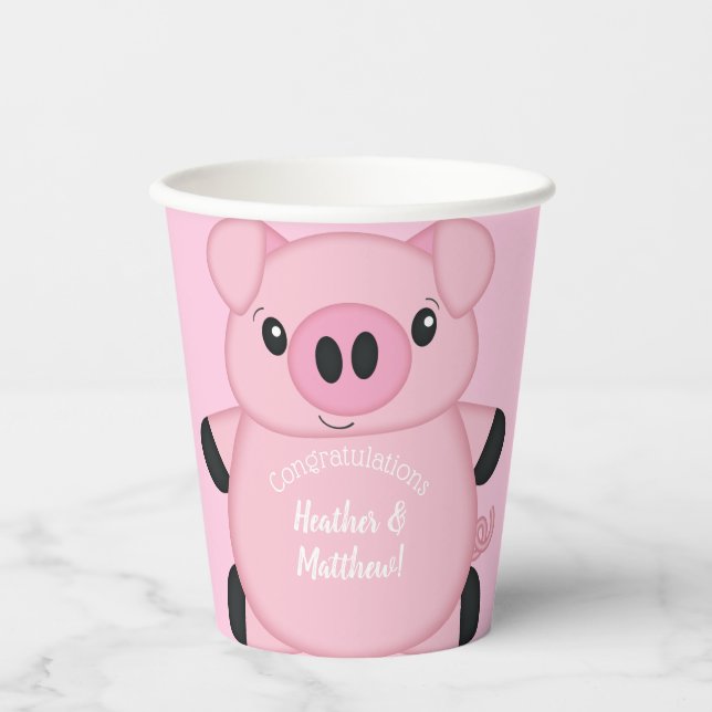 Gobelets En Papier Baby shower de porc rose (Recto)