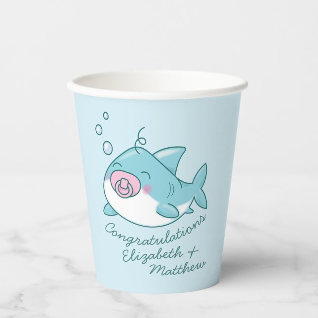 Gobelets En Papier Baby shower de requin mignon Kawaii fille rose (Recto)