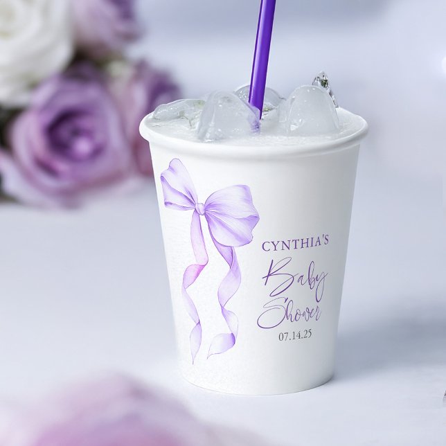 Gobelets En Papier Baby shower de ruban à mâchoires (Purple Bow Baby Shower Paper Cups)
