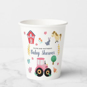 Gobelets En Papier Baby shower de tracteur de ferme rose pour filles